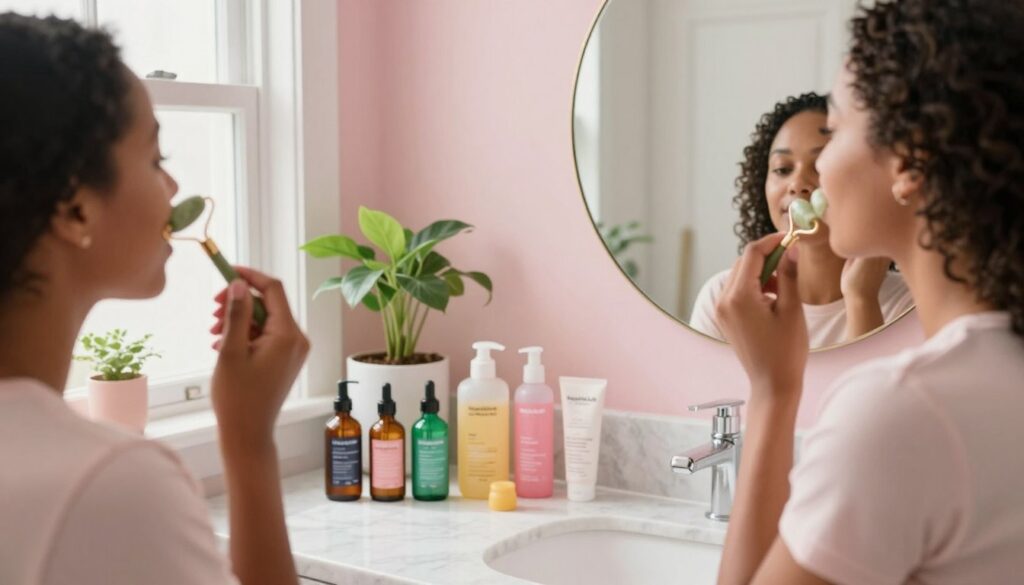 A cozy, well-lit bathroom scene featuring a busy American mom demonstrating quick and easy skincare hacks. In the foreground, she gently applies a jade roller to her cheek, showcasing a relaxed and focused expression. The middle ground displays an array of colorful skincare products, such as serums and moisturizers, neatly arranged on a marble countertop. Natural light streams in from a nearby window, illuminating the soft pastels of the room and creating a warm, inviting atmosphere. In the background, a houseplant adds a touch of greenery, and a stylish mirror reflects the scene. The overall mood is vibrant yet calming, capturing the essence of "MegaMomLife" as this mom juggles skincare with life, embodying quick, practical beauty routines for glowing skin.