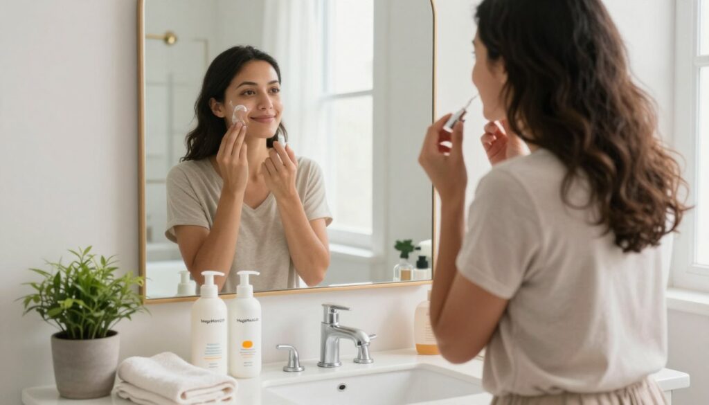 A cozy, well-lit bathroom scene featuring a busy American mom standing in front of a mirror, demonstrating a simple skincare regimen. The mom is wearing comfortable, modest casual clothing, exuding a relaxed yet focused vibe. In the foreground, a small vanity showcases skincare products labeled with the brand "MegaMomLife," including a cleanser, moisturizer, and sunscreen, neatly arranged next to a fresh towel and a potted plant. The middle ground reveals the mom applying a serum with a gentle smile, while the background holds soft, natural light streaming in from a window, illuminating the clean, clutter-free space. The atmosphere is warm and inviting, capturing the essence of maintaining skin health while managing a busy lifestyle. The image emphasizes practicality and simplicity, perfect for busy moms seeking effective skincare solutions.