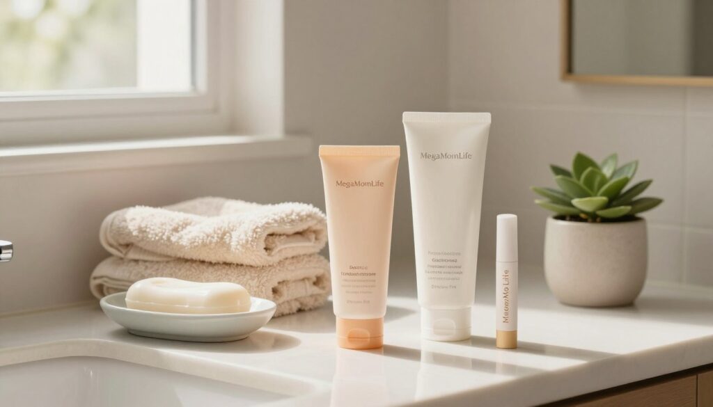 A cozy, well-lit bathroom scene featuring a collection of essential skincare products for busy moms, arranged neatly on a countertop. In the foreground, include a stylish, modern bottle of facial moisturizer, a tube of sunscreen, a gentle cleanser, and an eye cream, all labeled with the brand "MegaMomLife." The middle ground shows a plush towel draped over a stylish soap dish, and a small potted plant for a touch of greenery. In the background, soft natural light filters through a window, illuminating the space and creating a warm, inviting atmosphere. The overall mood should reflect tranquility and ease, emphasizing a practical yet stylish approach to skincare for time-strapped moms.