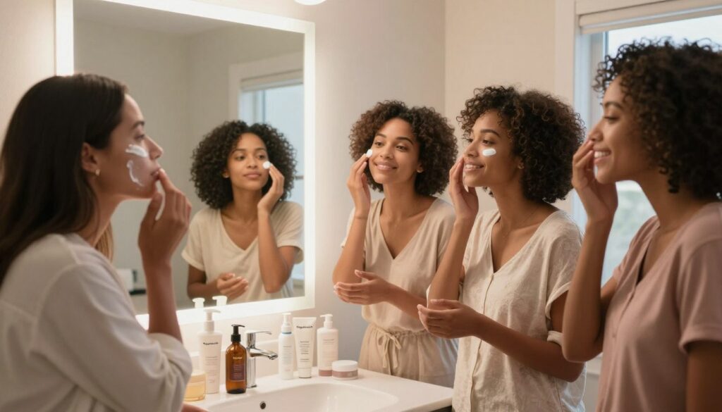 A cozy, well-lit bathroom scene featuring busy American mothers engaged in quick nighttime skincare practices. In the foreground, a diverse group of mothers, dressed in comfortable yet stylish loungewear, apply moisturizer, cleanse their faces, and use eye creams, showcasing simplicity and efficiency. In the middle, a vanity is adorned with organized skincare products labeled "MegaMomLife," emphasizing ease of use. The background reveals a softly glowing mirror and calming, neutral-colored walls, suggesting a serene, homey atmosphere. Natural light filters in through a window, casting a warm glow that enhances the inviting environment. The overall mood is relaxed and uplifting, highlighting the importance of quick and effective skincare routines for busy moms.