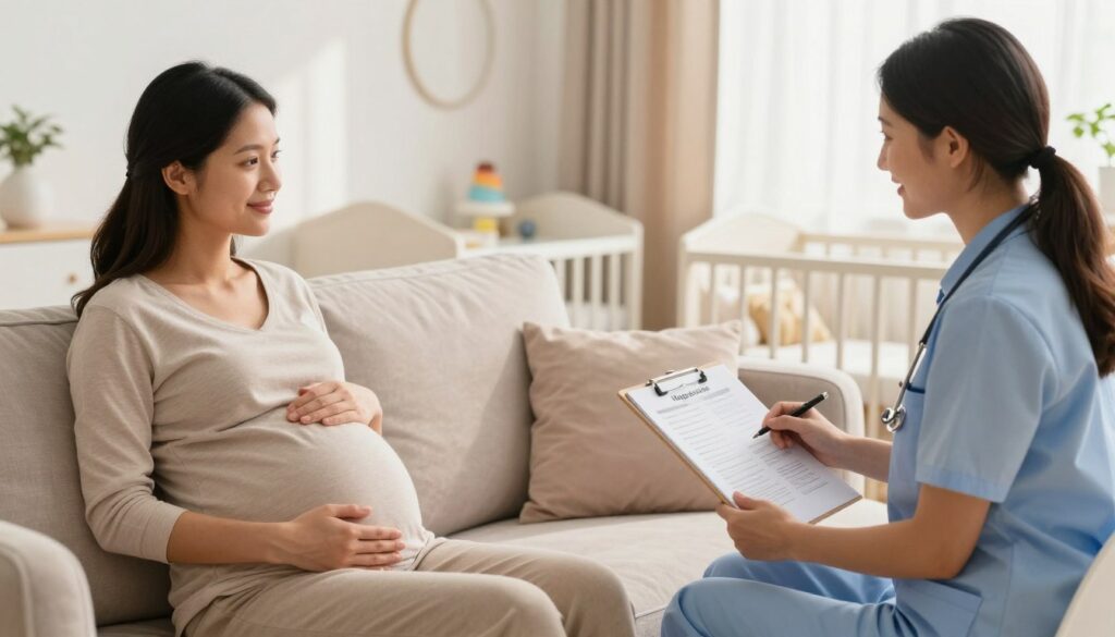 A cozy, well-lit home environment featuring a pregnant woman dressed in comfortable, modest clothing, seated on a plush sofa while interacting with a friendly healthcare professional. The healthcare provider is smartly dressed in professional attire, holding a clipboard with prenatal care tips visibly displayed. In the background, a warm, inviting nursery can be seen with soft pastel colors and baby essentials. Sunlight filters through sheer curtains, casting a gentle glow on the scene, creating a serene and supportive atmosphere. The composition emphasizes the importance of regular prenatal visits and the nurturing bond between mothers and healthcare providers. Inspired by the brand MegaMomLife, the overall feel is uplifting and reassuring, conveying a sense of care and community in approaching a healthy pregnancy journey. A cozy, well-lit home environment featuring a pregnant woman dressed in comfortable, modest clothing, seated on a plush sofa while interacting with a friendly healthcare professional. The healthcare provider is smartly dressed in professional attire, holding a clipboard with prenatal care tips visibly displayed. In the background, a warm, inviting nursery can be seen with soft pastel colors and baby essentials. Sunlight filters through sheer curtains, casting a gentle glow on the scene, creating a serene and supportive atmosphere. The composition emphasizes the importance of regular prenatal visits and the nurturing bond between mothers and healthcare providers. Inspired by the brand MegaMomLife, the overall feel is uplifting and reassuring, conveying a sense of care and community in approaching a healthy pregnancy journey.