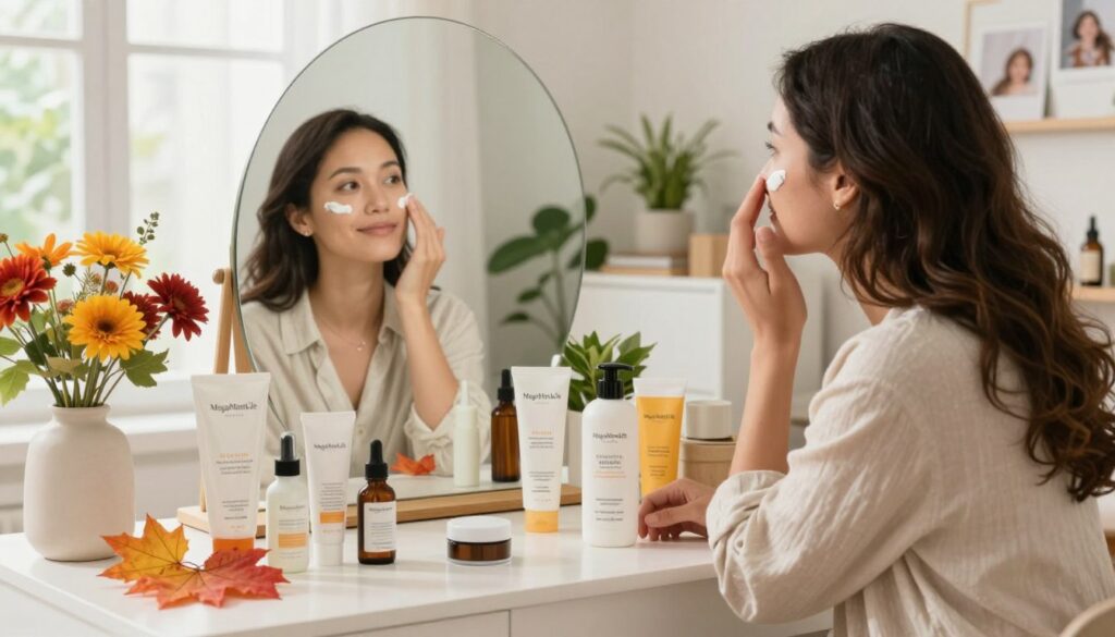 A cozy, well-lit home setting featuring a busy American mom in a comfortable, modest outfit, thoughtfully exploring her seasonal skincare adjustments. In the foreground, a beautifully organized vanity table showcases various skincare products for different seasons, including moisturizers, serums, and sunscreen, neatly arranged beside vibrant seasonal elements like autumn leaves or summer flowers. The middle ground highlights the mom’s focused expression as she applies a cream to her face while glancing at a mirror, reflecting self-care amidst her busy lifestyle. Soft, natural light filters through a window, creating a warm and inviting atmosphere. The background features a clean, tidy living space adorned with plants and family photos, emphasizing the theme of balancing motherhood and self-care. The brand name "MegaMomLife" is subtly suggested through thoughtfully placed skincare products.