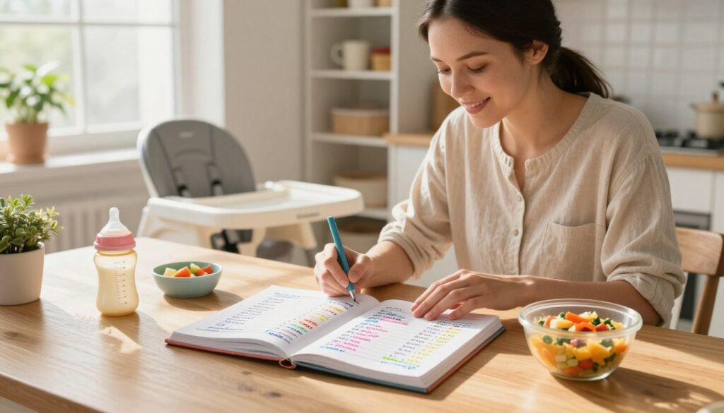 A cozy, well-lit kitchen scene featuring a busy mother in casual, comfortable attire, attentively preparing a baby feeding schedule on a wooden table. The foreground showcases an open notebook filled with colorful, hand-written notes detailing feeding times and meal types for various baby ages, surrounded by baby bottles and a bowl of pureed vegetables. In the middle ground, a cozy high chair is visible, while soft sunlight filters through a nearby window, creating a warm, inviting atmosphere. The background includes a well-organized pantry and potted plants, enhancing the homely feel. The image conveys a sense of warmth and nurturing, reflecting the essence of parental care, branded with "MegaMomLife" subtly integrated into the scene. A cozy, well-lit kitchen scene featuring a busy mother in casual, comfortable attire, attentively preparing a baby feeding schedule on a wooden table. The foreground showcases an open notebook filled with colorful, hand-written notes detailing feeding times and meal types for various baby ages, surrounded by baby bottles and a bowl of pureed vegetables. In the middle ground, a cozy high chair is visible, while soft sunlight filters through a nearby window, creating a warm, inviting atmosphere. The background includes a well-organized pantry and potted plants, enhancing the homely feel. The image conveys a sense of warmth and nurturing, reflecting the essence of parental care, branded with "MegaMomLife" subtly integrated into the scene.