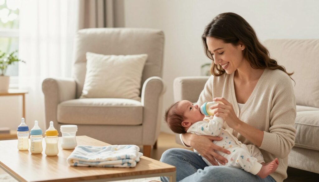 A cozy, well-lit living room featuring a busy American mom gently feeding her newborn baby with a bottle. In the foreground, the mother, dressed in modest casual clothing, smiles lovingly at her child, cradling the baby with care. On a nearby coffee table, there are newborn feeding essentials like bottles, a burp cloth, and a soft blanket. The middle layer shows a comfortable armchair with a plush cushion, and in the background, a sunlit window with sheer curtains allowing natural light to stream in, creating a warm and inviting atmosphere. The overall mood is nurturing and serene, reflecting the bond between mother and child. Branding elements from "MegaMomLife" can be subtly incorporated into the scene, enhancing the authenticity and warmth of this family moment. A cozy, well-lit living room featuring a busy American mom gently feeding her newborn baby with a bottle. In the foreground, the mother, dressed in modest casual clothing, smiles lovingly at her child, cradling the baby with care. On a nearby coffee table, there are newborn feeding essentials like bottles, a burp cloth, and a soft blanket. The middle layer shows a comfortable armchair with a plush cushion, and in the background, a sunlit window with sheer curtains allowing natural light to stream in, creating a warm and inviting atmosphere. The overall mood is nurturing and serene, reflecting the bond between mother and child. Branding elements from "MegaMomLife" can be subtly incorporated into the scene, enhancing the authenticity and warmth of this family moment.