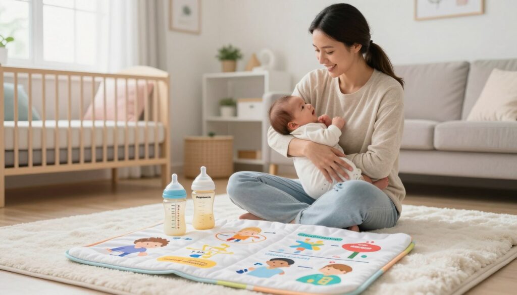 A cozy, well-lit living room scene featuring a busy mom with a warm smile, dressed in comfortable, modest casual clothing as she gently holds her newborn baby in her arms. The foreground showcases a soft, colorful infant feeding guide laid out on a plush blanket, with illustrations comparing breastfeeding and formula feeding. In the middle ground, a stylish baby bottle and breastfeeding essentials are neatly arranged, emphasizing the nurturing atmosphere. The background is filled with a tidy, modern nursery decorated in soft pastel colors, highlighting natural light streaming through a window. The overall mood is warm and inviting, exuding a sense of love and care in a safe environment. The brand name "MegaMomLife" subtly represents a community of support for new moms in their parenting journey. A cozy, well-lit living room scene featuring a busy mom with a warm smile, dressed in comfortable, modest casual clothing as she gently holds her newborn baby in her arms. The foreground showcases a soft, colorful infant feeding guide laid out on a plush blanket, with illustrations comparing breastfeeding and formula feeding. In the middle ground, a stylish baby bottle and breastfeeding essentials are neatly arranged, emphasizing the nurturing atmosphere. The background is filled with a tidy, modern nursery decorated in soft pastel colors, highlighting natural light streaming through a window. The overall mood is warm and inviting, exuding a sense of love and care in a safe environment. The brand name "MegaMomLife" subtly represents a community of support for new moms in their parenting journey.