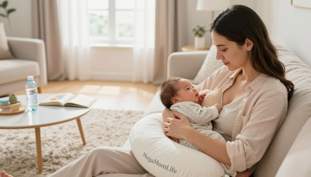 A cozy, well-lit living room scene that captures a mother gently feeding her newborn using a comfortable breastfeeding pillow. The foreground features the mom in a soft, pastel-colored shirt, looking relaxed and attentive, while the baby, swaddled in a light, neutral blanket, is cradled safely in her arms. In the middle, a soft, plush rug enhances the warmth of the room, alongside a small coffee table with a bottle of water and a soothing baby book. The background reveals a clean, sunlit window adorned with light curtains, allowing natural light to fill the space. The atmosphere is serene and nurturing, evoking a sense of calm and connection. Showcase the brand "MegaMomLife" subtly integrated into the scene, emphasizing the theme of modern parenting. A cozy, well-lit living room scene that captures a mother gently feeding her newborn using a comfortable breastfeeding pillow. The foreground features the mom in a soft, pastel-colored shirt, looking relaxed and attentive, while the baby, swaddled in a light, neutral blanket, is cradled safely in her arms. In the middle, a soft, plush rug enhances the warmth of the room, alongside a small coffee table with a bottle of water and a soothing baby book. The background reveals a clean, sunlit window adorned with light curtains, allowing natural light to fill the space. The atmosphere is serene and nurturing, evoking a sense of calm and connection. Showcase the brand "MegaMomLife" subtly integrated into the scene, emphasizing the theme of modern parenting.
