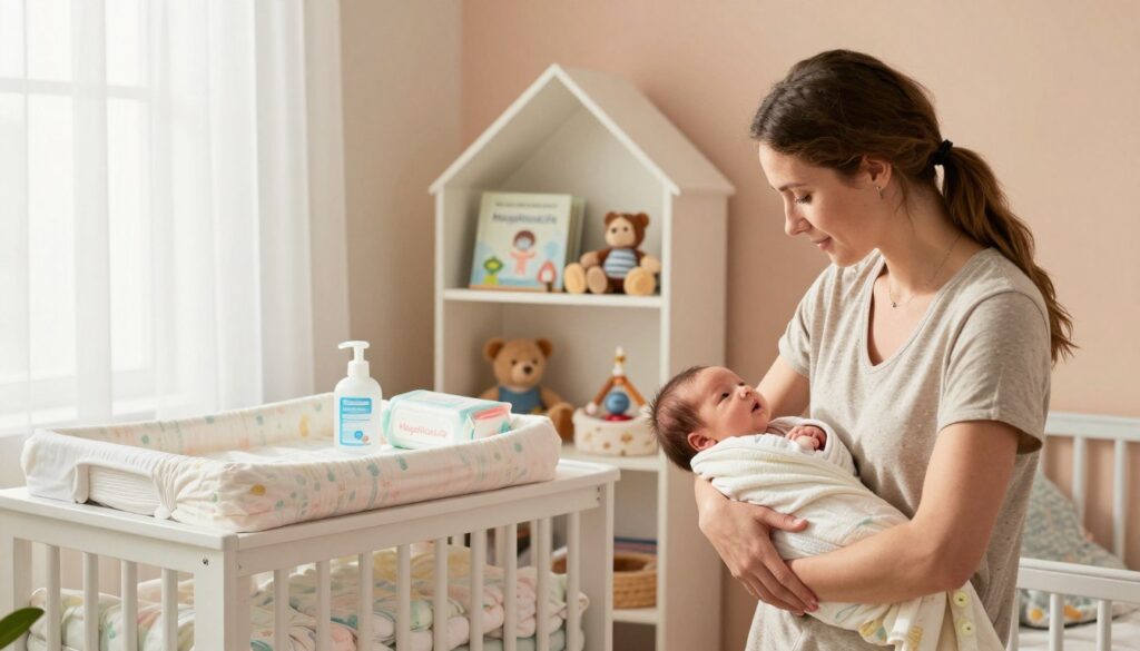 A cozy, well-lit nursery featuring a serene atmosphere for newborn safety precautions. In the foreground, a busy mother in modest casual clothing is gently swaddling her newborn in a soft blanket, demonstrating safe handling techniques. In the middle, a neatly arranged changing table displays essential items like diapers, wipes, and hand sanitizer, emphasizing cleanliness. Behind it, a plush, organized shelf holds baby books and toys out of reach. Natural light filters through a sheer curtain, casting a warm glow over the scene, enhancing the inviting ambiance. The walls are painted in soft pastel colors, accentuating a peaceful environment. This image embodies the essence of "MegaMomLife," highlighting safety practices and newborn hygiene in a stylish home setting. A cozy, well-lit nursery featuring a serene atmosphere for newborn safety precautions. In the foreground, a busy mother in modest casual clothing is gently swaddling her newborn in a soft blanket, demonstrating safe handling techniques. In the middle, a neatly arranged changing table displays essential items like diapers, wipes, and hand sanitizer, emphasizing cleanliness. Behind it, a plush, organized shelf holds baby books and toys out of reach. Natural light filters through a sheer curtain, casting a warm glow over the scene, enhancing the inviting ambiance. The walls are painted in soft pastel colors, accentuating a peaceful environment. This image embodies the essence of "MegaMomLife," highlighting safety practices and newborn hygiene in a stylish home setting.