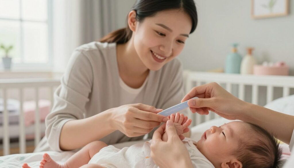 A cozy, well-lit nursery scene capturing a mother gently caring for her newborn's nails. The foreground features a close-up of the mother’s hand, meticulously using a soft nail file on the tiny fingers of her sleeping baby, showcasing delicate details of the infant's nails and the care involved. The middle layer includes the mother, dressed in a modest casual outfit, focused yet relaxed, with a warm smile; her nurturing demeanor radiates love. In the background, natural light streams through a window, illuminating a serene and tidy space, filled with soft pastel colors and baby essentials. The atmosphere is calm and peaceful, embodying the essence of “MegaMomLife,” highlighting the importance of newborn hygiene and safety in family life. A cozy, well-lit nursery scene capturing a mother gently caring for her newborn's nails. The foreground features a close-up of the mother’s hand, meticulously using a soft nail file on the tiny fingers of her sleeping baby, showcasing delicate details of the infant's nails and the care involved. The middle layer includes the mother, dressed in a modest casual outfit, focused yet relaxed, with a warm smile; her nurturing demeanor radiates love. In the background, natural light streams through a window, illuminating a serene and tidy space, filled with soft pastel colors and baby essentials. The atmosphere is calm and peaceful, embodying the essence of “MegaMomLife,” highlighting the importance of newborn hygiene and safety in family life.