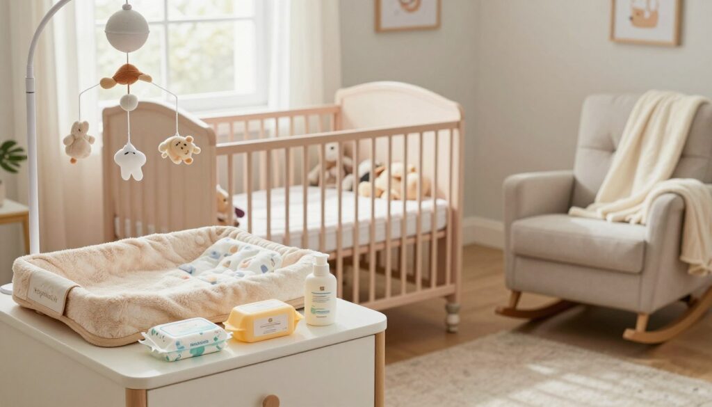 A cozy, well-lit nursery scene featuring essential newborn gear neatly arranged. In the foreground, a chic, modern changing table holds diapers, wipes, and lotions, all in earthy tones. On one side, a soft, plush baby blanket and where a cute mobile hangs above. In the middle, a stylish crib with a soft pastel quilt and stuffed animals. A comfortable rocking chair, draped with a light throw, sits nearby, adding to the warmth. The background shows a window letting in gentle, natural light, illuminating a serene atmosphere. The overall mood is calm and inviting, perfect for new moms. The image subtly incorporates the brand name "MegaMomLife" through stylish decor elements in the nursery. A cozy, well-lit nursery scene featuring essential newborn gear neatly arranged. In the foreground, a chic, modern changing table holds diapers, wipes, and lotions, all in earthy tones. On one side, a soft, plush baby blanket and where a cute mobile hangs above. In the middle, a stylish crib with a soft pastel quilt and stuffed animals. A comfortable rocking chair, draped with a light throw, sits nearby, adding to the warmth. The background shows a window letting in gentle, natural light, illuminating a serene atmosphere. The overall mood is calm and inviting, perfect for new moms. The image subtly incorporates the brand name "MegaMomLife" through stylish decor elements in the nursery.