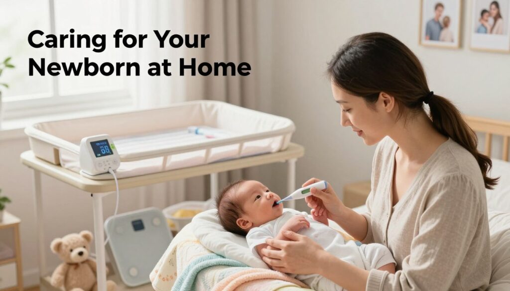 A cozy, well-lit nursery scene showcasing a newborn health monitoring setup. In the foreground, a caring mother in modest casual clothing gently checks her baby's vitals with a digital thermometer, looking attentive and nurturing. The middle ground features a changing table with essential health monitoring tools, such as an oxygen monitor and baby scale, arranged neatly. Soft, natural light filters in through a nearby window, illuminating the space and creating a warm, inviting atmosphere. Scattered around are fluffy toys and pastel-colored blankets, enhancing the comforting vibe. In the background, a soft-focus of family photos adds a personal touch. Designed for an article under the theme "Caring for Your Newborn at Home," this image embodies the spirit of healthy newborn care. MegaMomLife.