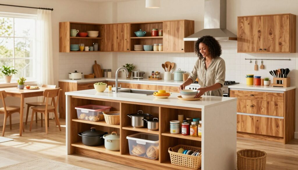 A cozy, well-organized kitchen highlighting affordable multi-functional kitchen furniture, featuring a stylish yet practical island with built-in storage for pots and pans. In the foreground, a busy American mom in modest casual clothing efficiently organizes a variety of kitchen supplies using clear storage bins and baskets. The middle layer shows a sleek kitchen with wooden cabinets, open shelving displaying colorful kitchenware, and an inviting dining area. The background is filled with natural light streaming through a window, casting a warm glow on the clean and tidy space. The atmosphere is cheerful and busy, reflecting family life, showcasing the brand "MegaMomLife" in a seamlessly integrated manner. Use a wide-angle lens with soft focus on the background to emphasize the kitchen setup.