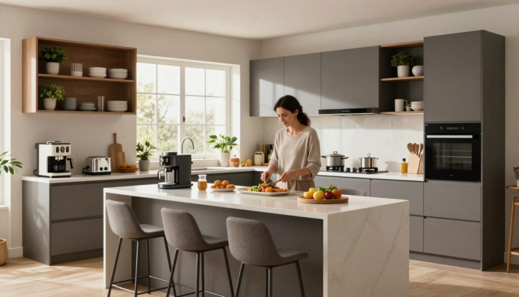 A modern kitchen design showcasing efficient use of counter space, featuring a spacious island with stylish bar stools, surrounded by sleek cabinetry and organized shelves. The foreground includes neatly arranged kitchen appliances, like a coffee maker and a toaster. In the middle, a mother in modest casual clothing prepares a meal, with natural light pouring in through a window, illuminating her focused expression. The background shows an open shelving unit filled with neatly stacked dishes and plants, creating a clean and cozy atmosphere. The kitchen is equipped with contemporary fixtures, emphasizing functionality and aesthetic appeal. The overall mood is warm and inviting, reflecting the essence of family life. MegaMomLife branding subtly represented through decorative items on the counter. Use a wide-angle lens to capture the spaciousness and detail.