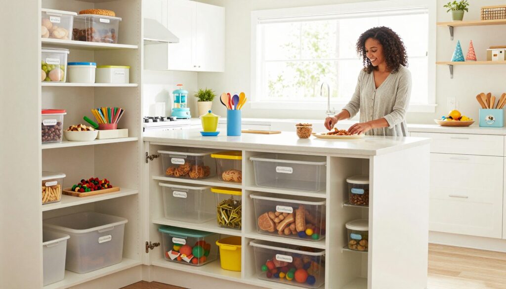 A modern kitchen designed for organization, featuring kid-safe systems. In the foreground, a well-organized pantry with child-friendly storage solutions, like clear bins and labeled containers, reflecting a neat and inviting atmosphere. In the middle ground, a spacious kitchen island, showcasing colorful, easy-to-reach utensils and integrated kid-friendly appliances. The background features a bright window allowing natural light to fill the space, illuminating cheerful decor. A busy American mom in a modest, casual outfit is calmly arranging snacks on the island, creating a cozy vibe. Use a wide-angle lens to capture the warmth and functionality of the space. Ensure the scene is clean, bright, and reflects the essence of "MegaMomLife", embodying both organization and family-friendly design.