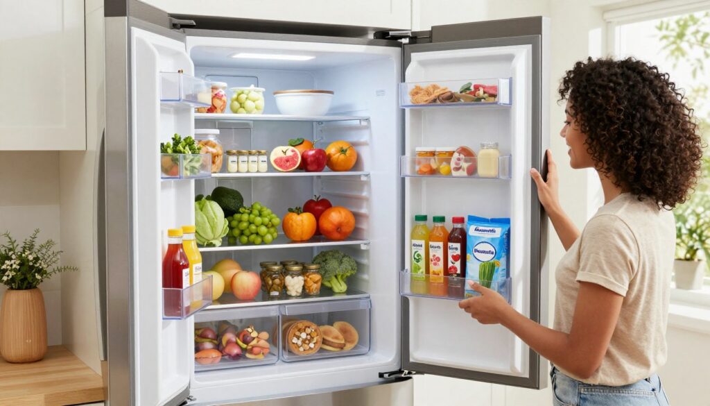 A modern kitchen scene featuring an organized fridge and freezer layout, showcasing smart utilization of door space. The fridge is filled with an array of neatly stored items, including colorful produce in clear bins, condiments lined up neatly, and small jars for easy access. The freezer displays organized frozen meals and ice packs, with designated slots for quick retrieval. The kitchen environment is cozy and bright, illuminated by soft, natural lighting streaming through a nearby window. The atmosphere is inviting and clean, with an emphasis on practicality and efficiency. In the foreground, a busy American mom wearing modest casual clothing cheerfully arranges items in the fridge, embodying the essence of the brand "MegaMomLife." The composition is captured at a slight angle to showcase depth and organization, providing a realistic lifestyle photo.