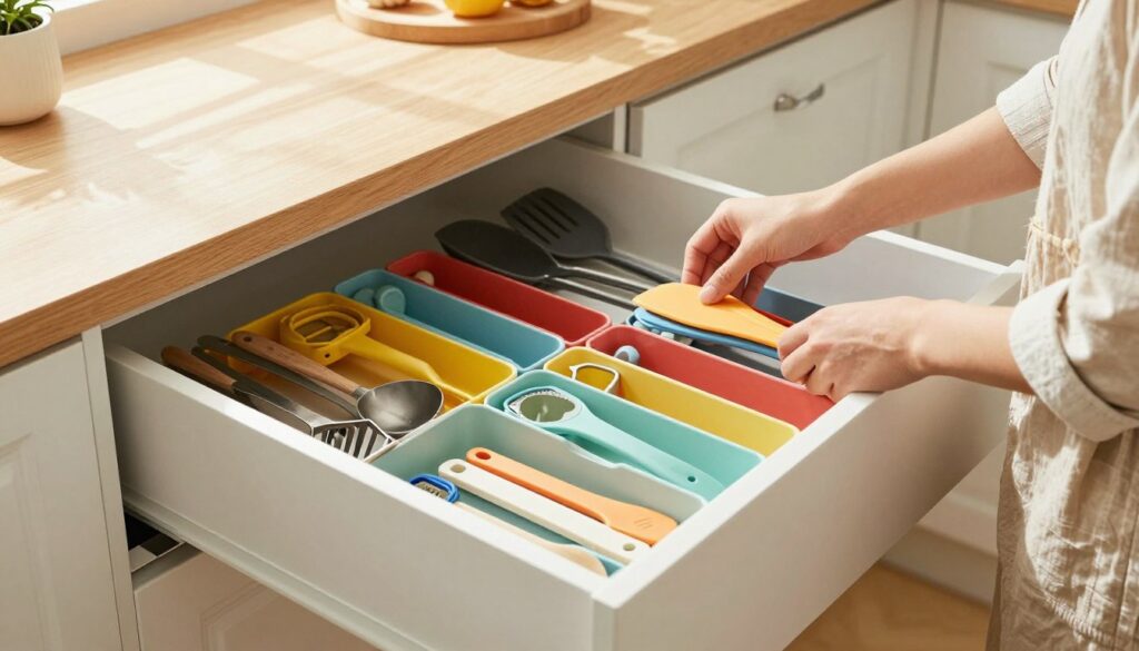 A neatly organized kitchen drawer filled with various utensils and tools, showcasing a set of colorful drawer dividers that categorically separate items like spatulas, measuring cups, and peelers. In the foreground, a pair of hands belonging to a busy mom dressed in modest casual clothing is seen arranging the dividers, exuding a sense of teamwork and productivity. The middle section highlights the organized contents of the drawer, with clean lines and vibrant colors that emphasize the effectiveness of the organization method. Natural light pours in from a nearby window, illuminating the scene and creating a warm, inviting atmosphere. The background features a cozy kitchen setting with minimalist decor, further enhancing the theme of smart kitchen organization. MegaMomLife is subtly integrated, representing the practical lifestyle choice of today’s moms.