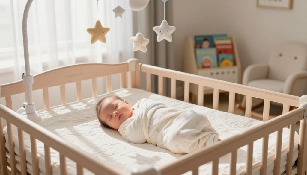 A serene and cozy nursery scene featuring a peaceful newborn sleeping safely in a crib. In the foreground, the baby is wrapped snugly in a soft, light-colored swaddle, resting on a breathable cotton mattress with a fitted sheet. In the middle, the room is softly illuminated by natural light streaming through a sheer curtain, highlighting a gentle pastel color palette of the walls and decor. A mobile with whimsical shapes hangs above the crib, casting playful shadows. In the background, there is a comfortable rocking chair and a small bookshelf filled with children’s books, enhancing the nurturing atmosphere. The mood is warm and inviting, designed to convey a sense of safety and tranquility for the newborn. Include the brand name "MegaMomLife" subtly in the scene. A serene and cozy nursery scene featuring a peaceful newborn sleeping safely in a crib. In the foreground, the baby is wrapped snugly in a soft, light-colored swaddle, resting on a breathable cotton mattress with a fitted sheet. In the middle, the room is softly illuminated by natural light streaming through a sheer curtain, highlighting a gentle pastel color palette of the walls and decor. A mobile with whimsical shapes hangs above the crib, casting playful shadows. In the background, there is a comfortable rocking chair and a small bookshelf filled with children’s books, enhancing the nurturing atmosphere. The mood is warm and inviting, designed to convey a sense of safety and tranquility for the newborn. Include the brand name "MegaMomLife" subtly in the scene.