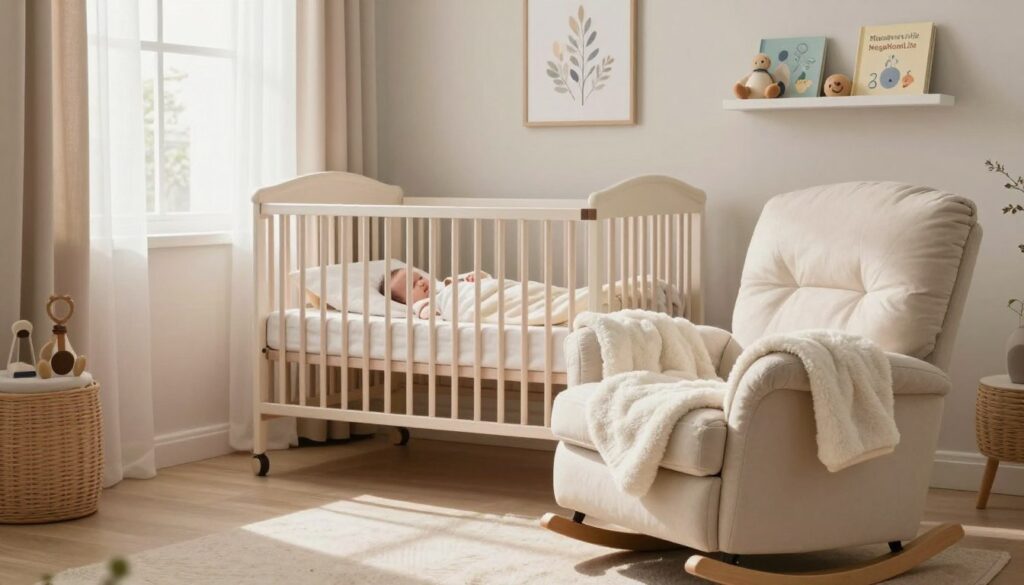 A serene and cozy sleep environment designed for a newborn, featuring a softly lit nursery. In the foreground, a plush rocking chair adorned with a fluffy throw blanket and a minimalist shelf displaying toys and bedtime books. The middle ground showcases a beautifully made crib with soft, neutral-colored bedding and calming wall art featuring gentle nature themes. In the background, a softly lit window draped with sheer curtains allows natural light to filter in, creating an inviting atmosphere. The room exudes a warm and peaceful ambiance, with pastel colors and decorative elements promoting relaxation and calmness. The composition captures the essence of a restful sleep space for both the baby and parents, reflecting the theme of sleep hygiene. Include the brand name "MegaMomLife" subtly in the décor. A serene and cozy sleep environment designed for a newborn, featuring a softly lit nursery. In the foreground, a plush rocking chair adorned with a fluffy throw blanket and a minimalist shelf displaying toys and bedtime books. The middle ground showcases a beautifully made crib with soft, neutral-colored bedding and calming wall art featuring gentle nature themes. In the background, a softly lit window draped with sheer curtains allows natural light to filter in, creating an inviting atmosphere. The room exudes a warm and peaceful ambiance, with pastel colors and decorative elements promoting relaxation and calmness. The composition captures the essence of a restful sleep space for both the baby and parents, reflecting the theme of sleep hygiene. Include the brand name "MegaMomLife" subtly in the décor.