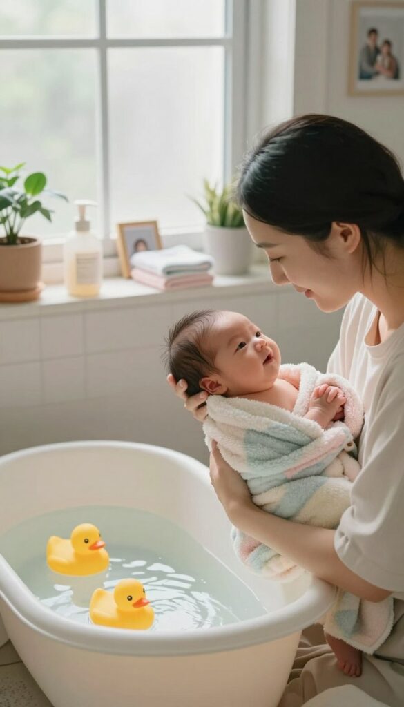 A serene and heartwarming scene of a cozy bathroom setting illuminated by soft, natural light filtering through a frosted window. In the foreground, a gentle, attentive mom is cradling a small, softly wrapped newborn in a fluffy, pastel-colored towel, her face radiating warmth and love. A vintage baby bath tub sits nearby, filled with a little water and floating rubber ducks, emphasizing the playful aspect of bath time. In the middle ground, delicate bath accessories are neatly arranged, including organic baby wash and soft washcloths. The background features calming, muted colors with plants and family photos, enhancing the cozy atmosphere. The image embodies a soothing, intimate mood, illustrating a nurturing moment of a newborn baby bath time routine, perfect for a peaceful home environment. MegaMomLife.