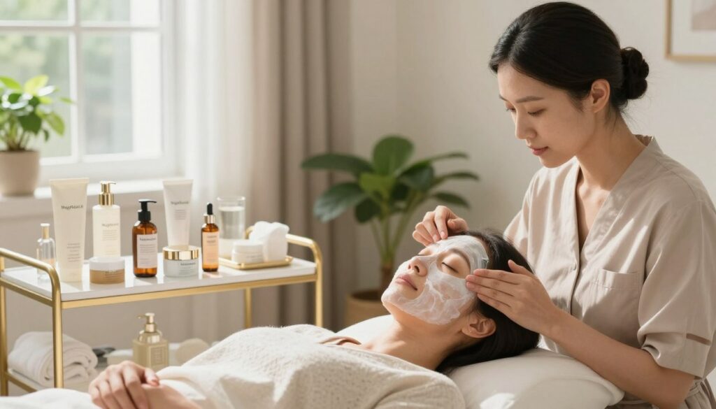A serene and inviting skincare treatment setting for tired skin, showcasing a cozy, well-lit room with soft natural light streaming through a window. In the foreground, a professional, modestly dressed skincare expert, carefully applying a revitalizing face mask to a relaxed mom with a glowing complexion. The middle ground features an elegant skincare station adorned with various luxurious skincare products from the brand "MegaMomLife," highlighting gentle creams and serums. The background includes soothing decor, such as plants and soft textiles, creating a calm atmosphere. The scene captures the essence of self-care and rejuvenation, emphasizing the importance of professional treatments for tired moms.