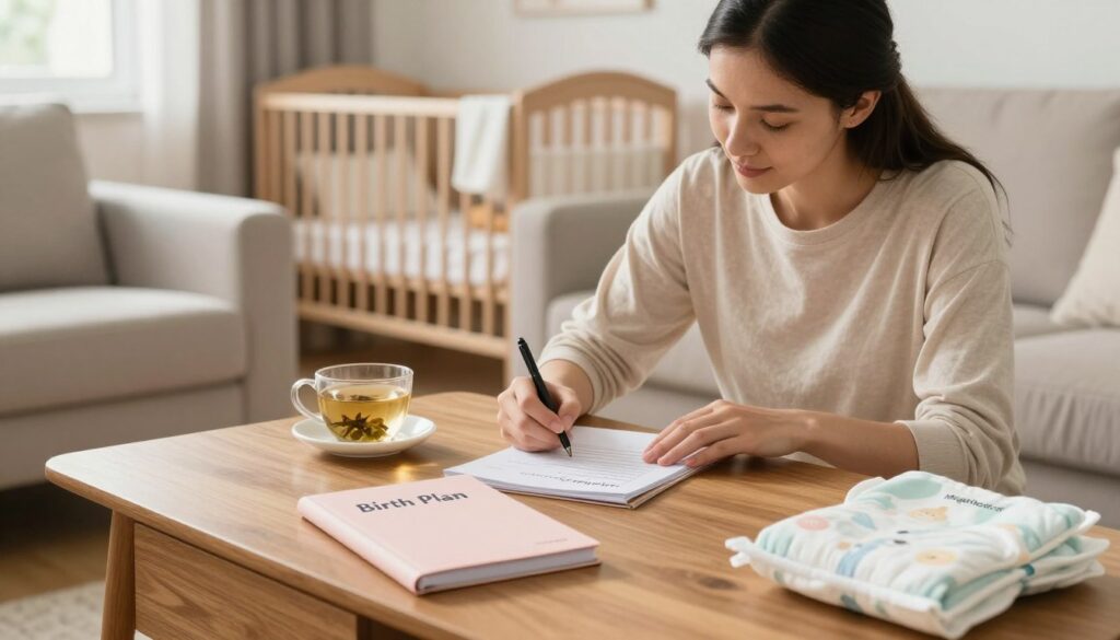 A serene, bright living room scene featuring a first-time mom preparing her birth plan. In the foreground, a wooden coffee table is adorned with a soft, pastel-colored notebook titled "Birth Plan" and a cup of herbal tea. The middle ground showcases the mother, clad in modest, comfortable clothing, thoughtfully writing notes on the plan, surrounded by baby essentials like a soft blanket and diapers. The background highlights a cozy nursery corner with a crib and decorative items, illuminated by warm, natural light streaming through a window, creating a welcoming atmosphere. The image embodies a balance of calm and anticipation, reflecting the excitement of preparing for the big day. Make sure to incorporate the brand name "MegaMomLife" subtly into the design elements of the scene.