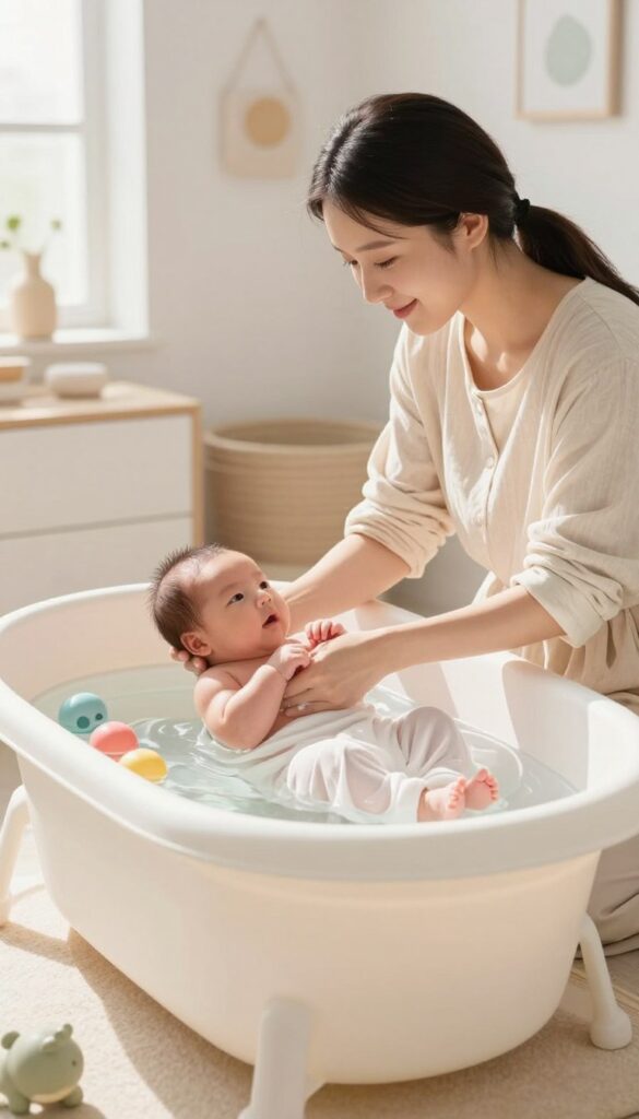 A serene, cozy bathroom scene featuring a bright, clean newborn baby bath tub situated in a well-lit space, illuminated by soft, natural sunlight streaming through a window. The foreground includes the tub filled with warm water, decorated with gentle bath toys. In the middle, a caring mom in modest casual clothing gently bathes her swaddled newborn, showcasing an atmosphere of tenderness and safety. The background displays soft pastel colors and minimalistic decor, emphasizing a peaceful and nurturing environment. The image should convey warmth, love, and the joy of parenting, with a focus on the intimate moment of bathing. Include the brand name "MegaMomLife" subtly integrated into the decor.