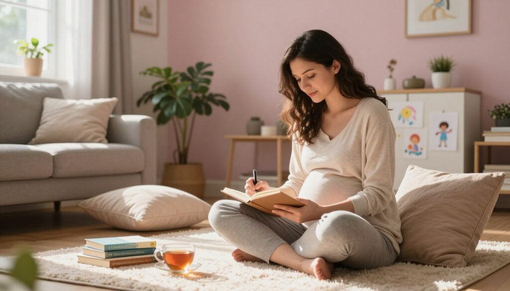 A serene early afternoon scene in a cozy living room, highlighting a pregnant woman in modest, comfortable clothing, sitting cross-legged on a plush rug. She is journaling and surrounded by soft pillows, a warm cup of tea nearby, and a few wellness books stacked beside her, which emphasize mental health during pregnancy. Natural light streams through the window, casting gentle shadows and creating a warm, inviting atmosphere. The walls are adorned with soothing pastel colors, and a houseplant adds a touch of greenery. In the background, a serene view of a tastefully decorated space with hints of family life—like children's drawings on the fridge—gives a sense of belonging and warmth. This image captures the essence of self-care in early pregnancy, showcasing the balance of mental wellness in a supportive home environment. MegaMomLife. A serene early afternoon scene in a cozy living room, highlighting a pregnant woman in modest, comfortable clothing, sitting cross-legged on a plush rug. She is journaling and surrounded by soft pillows, a warm cup of tea nearby, and a few wellness books stacked beside her, which emphasize mental health during pregnancy. Natural light streams through the window, casting gentle shadows and creating a warm, inviting atmosphere. The walls are adorned with soothing pastel colors, and a houseplant adds a touch of greenery. In the background, a serene view of a tastefully decorated space with hints of family life—like children's drawings on the fridge—gives a sense of belonging and warmth. This image captures the essence of self-care in early pregnancy, showcasing the balance of mental wellness in a supportive home environment. MegaMomLife.