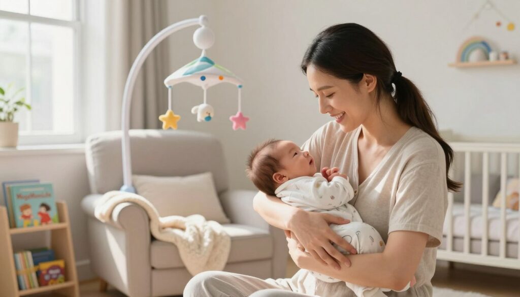 A serene indoor scene capturing a cozy moment of bonding between a mother and her newborn. In the foreground, the mother, dressed in modest casual clothing, gently cradles her swaddled baby in her arms, both displaying warm smiles. Soft, natural light streams through a nearby window, illuminating their faces. In the middle, a comfortable armchair is adorned with a couple of plush blankets and a colorful mobile hanging nearby, while a small bookshelf filled with children’s books adds a personal touch. In the background, a clean, minimalist nursery reflects a nurturing environment with pastel colors. The atmosphere is warm and inviting, evoking feelings of love and connection. Rendered in a realistic style, this image embodies the essence of "MegaMomLife" and the joy of mother-baby bonding activities at home.