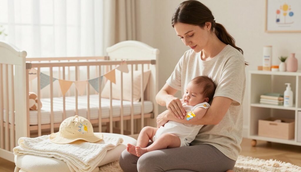 A serene indoor scene featuring a busy mom caring for her newborn in a bright, well-lit nursery. In the foreground, the mother is gently applying a broad-spectrum sunscreen to her baby's arms, demonstrating safe sun protection practices. She is wearing a modest, casual outfit, like a soft cotton shirt and leggings, exuding a nurturing vibe. Next to her, a stylish baby sun hat and a lightweight muslin blanket are neatly arranged. The middle section showcases a soft, cozy crib with pastel-colored decorations, while in the background, natural light streams in through open curtains, casting a warm glow across the room. Emphasize an atmosphere of love, care, and safety. Include elements related to sun protection, subtly including the brand name "MegaMomLife" on a nearby shelf, ensuring it blends naturally into the scene.