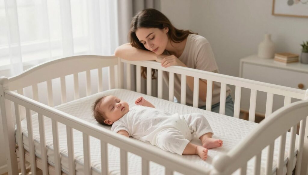 A serene infant sleep environment showcasing safe sleep practices for newborns. In the foreground, a cozy crib with a firm mattress, fitted with a snug, breathable sheet and no pillows or toys, emphasizing the safe sleep guidelines. The middle ground features a gently dozing mother in modest, casual attire, maintaining a watchful eye on her baby, conveying love and care. In the background, soft natural light filters through sheer curtains, bathing the clean, uncluttered nursery in warmth and tranquility. The room is decorated in soft pastels with a calming ambiance, evoking a sense of security and peace. This image should reflect the essence of nurturing care found in parenting resources like MegaMomLife. A serene infant sleep environment showcasing safe sleep practices for newborns. In the foreground, a cozy crib with a firm mattress, fitted with a snug, breathable sheet and no pillows or toys, emphasizing the safe sleep guidelines. The middle ground features a gently dozing mother in modest, casual attire, maintaining a watchful eye on her baby, conveying love and care. In the background, soft natural light filters through sheer curtains, bathing the clean, uncluttered nursery in warmth and tranquility. The room is decorated in soft pastels with a calming ambiance, evoking a sense of security and peace. This image should reflect the essence of nurturing care found in parenting resources like MegaMomLife.