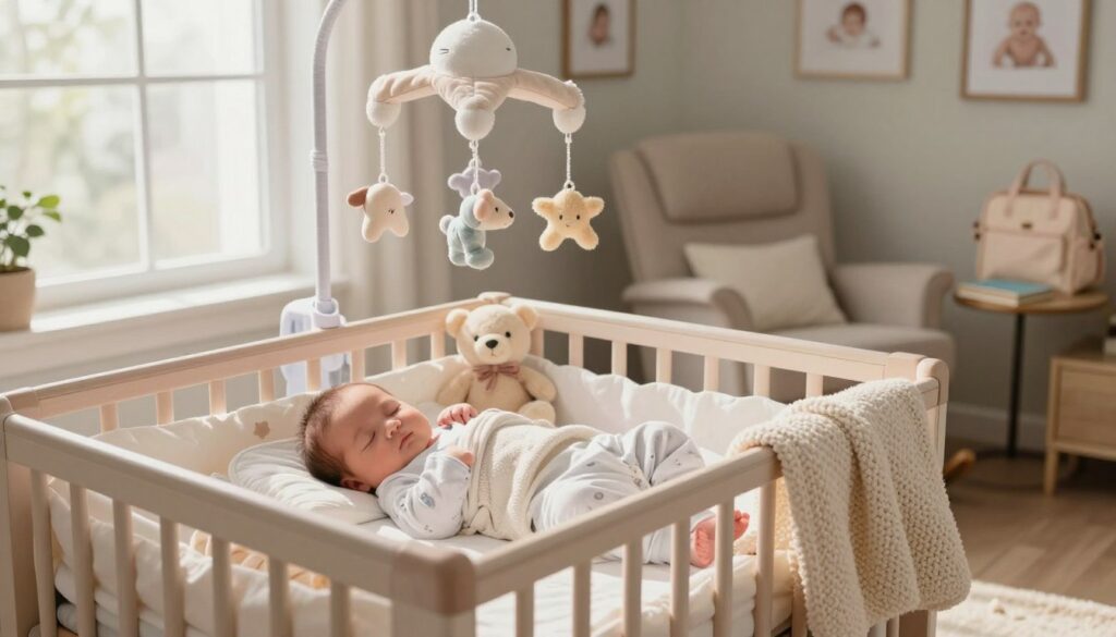 A serene newborn sleep environment, focusing on a cozy nursery setting with natural light gently pouring in through a large window. In the foreground, a beautifully arranged crib with soft, breathable bedding in calming pastel colors. A plush, knitted blanket is artfully draped over the side. In the middle, a peaceful atmosphere created by soft toys and a delicate mobile hanging above the crib. To the side, a comfortable rocking chair with a small side table displaying a book and a diaper bag, indicating the nurturing presence of a busy mom. In the background, light-colored walls with subtle decorative elements, like framed baby prints. The overall mood is tranquil and homely, embodying a secure and loving environment for restful sleep. Captured with a warm lens, soft focus, and a gentle angle to enhance the calm ambiance. MegaMomLife.