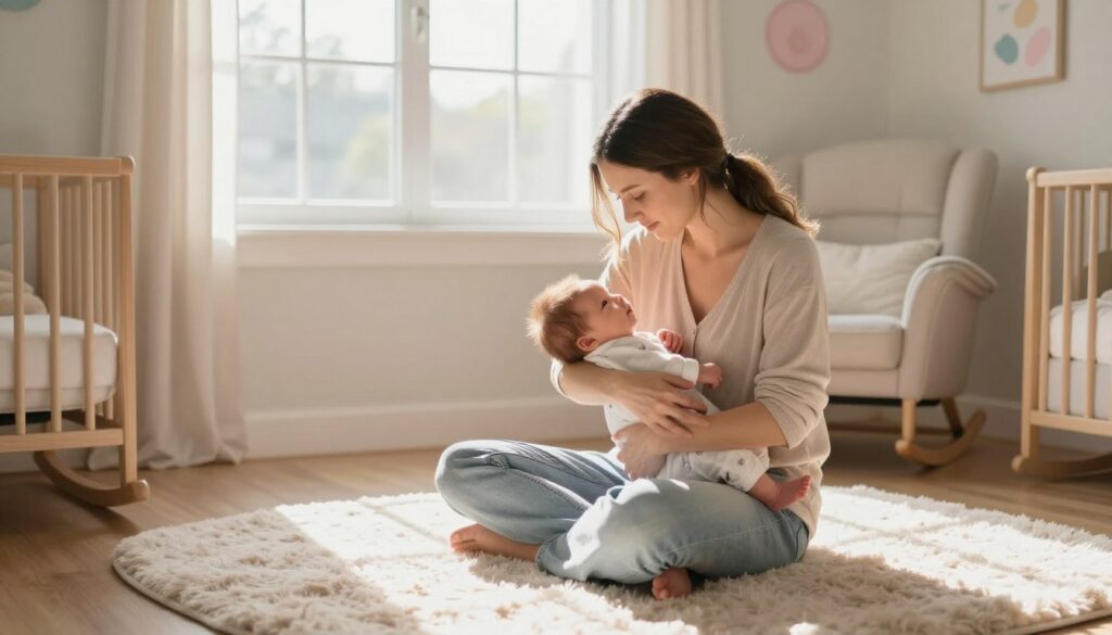 A serene scene of a busy mom in a cozy, well-lit nursery, gently cradling her newborn baby while sitting on a soft, plush rug. The mother is wearing modest casual clothing, creating a warm and inviting atmosphere. Sunlight streams through a large window, illuminating the room with a soft glow and casting delicate shadows. In the background, there are pastel-colored wall decorations and a comfortable rocking chair. The mother gazes lovingly at her baby, fostering a sense of connection and nurturing interaction. The overall mood is calm and tender, evoking feelings of love and security as they bond. Capture this moment in a realistic lifestyle style reminiscent of MegaMomLife, emphasizing the beauty of newborn care and parental bonding. A serene scene of a busy mom in a cozy, well-lit nursery, gently cradling her newborn baby while sitting on a soft, plush rug. The mother is wearing modest casual clothing, creating a warm and inviting atmosphere. Sunlight streams through a large window, illuminating the room with a soft glow and casting delicate shadows. In the background, there are pastel-colored wall decorations and a comfortable rocking chair. The mother gazes lovingly at her baby, fostering a sense of connection and nurturing interaction. The overall mood is calm and tender, evoking feelings of love and security as they bond. Capture this moment in a realistic lifestyle style reminiscent of MegaMomLife, emphasizing the beauty of newborn care and parental bonding.