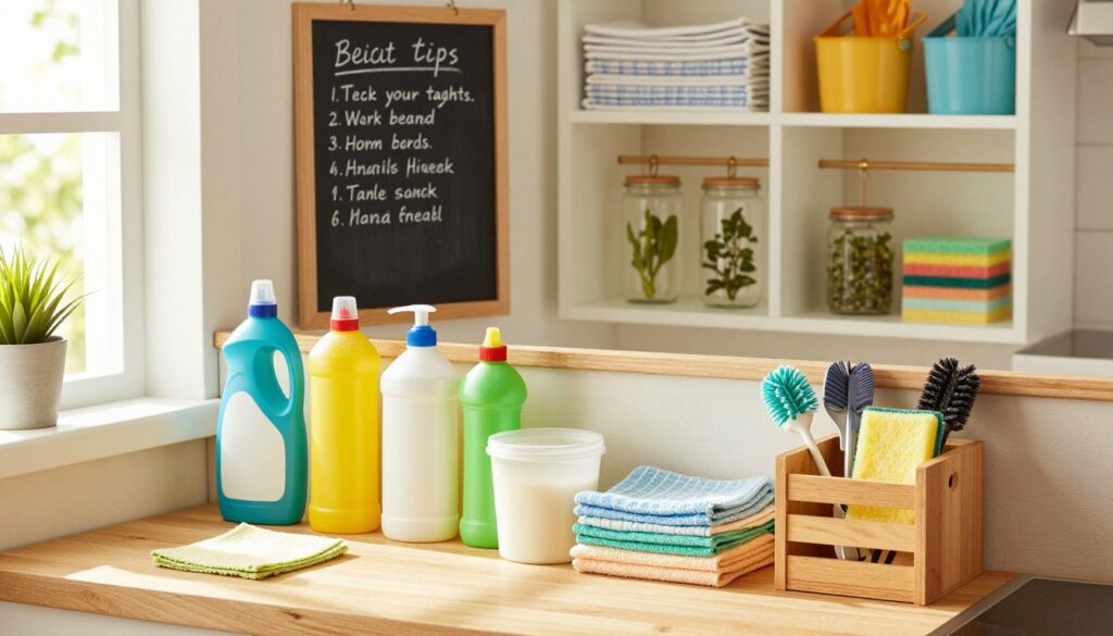 A stylish and organized kitchen cleaning supply area featuring a variety of creative storage solutions. In the foreground, neatly arranged vibrant cleaning bottles in eco-friendly containers, stylish microfiber cloths, and a wooden caddy holding tools like sponges and brushes. The middle ground showcases a chalkboard with handwritten cleaning tips, framed by hanging herbs in jars. In the background, bright open shelving displays neatly stacked dish towels and colorful organizers. The scene is illuminated by warm, natural light streaming in through a window, creating a cozy atmosphere. Capture this from a slightly elevated angle to emphasize the clutter-free and inviting environment, reflecting a modern, family-friendly kitchen by MegaMomLife.
