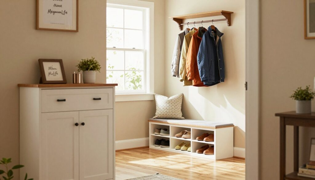 A warm and inviting entryway showcasing efficient storage solutions in a cozy, well-lit home. In the foreground, a stylish shoe cabinet and a hanging coat rack with colorful jackets neatly displayed. In the middle, a small bench with storage compartments, adorned with decorative pillows, invites users to sit. A tasteful plant adds a touch of greenery. In the background, natural light floods through a window, illuminating light beige walls and a wooden floor. The atmosphere is friendly and organized, reflecting the theme of clever entryway solutions for busy American moms. Capture this scene in high resolution with soft focus, emphasizing the warmth and practicality of the storage. Brand name "MegaMomLife" integrated subtly within the setting, showcasing modern living in small spaces.