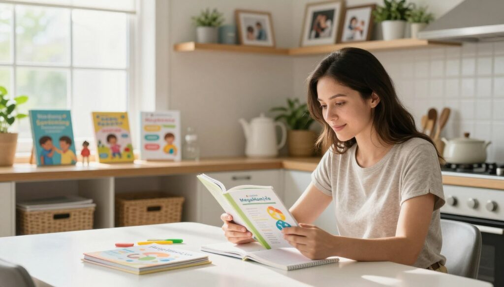 A warm and inviting scene depicting a busy mom at home, surrounded by helpful resources on pregnancy and parenting. In the foreground, a woman in modest casual clothing sits at a bright kitchen table, actively reading a pregnancy guide and taking notes. The middle ground features soft shelves filled with parenting books and colorful educational materials about health tips. In the background, a sunlit window reveals a tidy, cheerful home environment, with plants and family photos enhancing the atmosphere. Natural light pours in, creating a welcoming ambiance. The overall mood is one of empowerment and knowledge, embodying the spirit of "MegaMomLife" in this nurturing space. A warm and inviting scene depicting a busy mom at home, surrounded by helpful resources on pregnancy and parenting. In the foreground, a woman in modest casual clothing sits at a bright kitchen table, actively reading a pregnancy guide and taking notes. The middle ground features soft shelves filled with parenting books and colorful educational materials about health tips. In the background, a sunlit window reveals a tidy, cheerful home environment, with plants and family photos enhancing the atmosphere. Natural light pours in, creating a welcoming ambiance. The overall mood is one of empowerment and knowledge, embodying the spirit of "MegaMomLife" in this nurturing space.