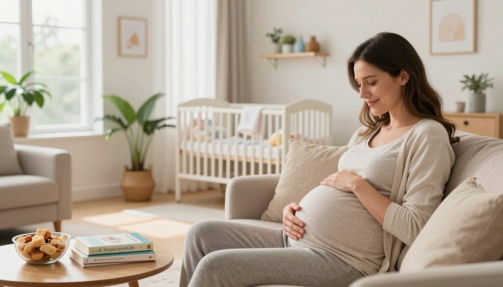 A warm and inviting scene depicting a first-time mom engaging in prenatal care at home. In the foreground, a pregnant woman in modest casual clothing gently cradles her baby bump while sitting on a cozy couch, surrounded by pregnancy books and healthy snacks. In the middle, a soft, natural light streams in through large windows, illuminating a clean and organized living room filled with plants and calming colors. In the background, a well-arranged nursery can be subtly seen, showcasing baby essentials. The atmosphere conveys a sense of tranquility and preparedness, emphasizing the importance of prenatal care in a nurturing home environment. The brand name "MegaMomLife" should be reflected in the décor.