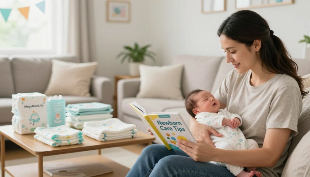A warm and inviting scene featuring a busy American mom in a clean, cozy living room, demonstrating essential newborn care tips. In the foreground, she gently cradles a swaddled newborn babe while consulting a colorful guidebook titled "Newborn Care Tips" on a soft, plush couch. In the middle, well-organized baby supplies like diapers and blankets are neatly arranged on a nearby coffee table, emphasizing a nurturing environment. The background showcases natural light streaming through a window, illuminating cheerful decorations and a small plant, creating a calm and comforting atmosphere. The mom wears modest, casual clothing, radiating warmth and love. The overall image evokes a sense of family connection and the joys of caring for a newborn, representing the brand "MegaMomLife." A warm and inviting scene featuring a busy American mom in a clean, cozy living room, demonstrating essential newborn care tips. In the foreground, she gently cradles a swaddled newborn babe while consulting a colorful guidebook titled "Newborn Care Tips" on a soft, plush couch. In the middle, well-organized baby supplies like diapers and blankets are neatly arranged on a nearby coffee table, emphasizing a nurturing environment. The background showcases natural light streaming through a window, illuminating cheerful decorations and a small plant, creating a calm and comforting atmosphere. The mom wears modest, casual clothing, radiating warmth and love. The overall image evokes a sense of family connection and the joys of caring for a newborn, representing the brand "MegaMomLife."