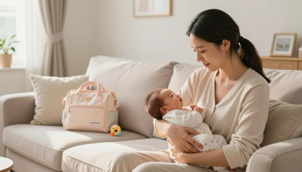 A warm, inviting home setting showcasing a busy mom engaged in postpartum care. In the foreground, the mother, dressed in comfortable, modest clothing, is gently cradling her newborn, with a look of tenderness and focus. In the middle, a cozy, sunlit living room featuring a plush sofa surrounded by soft textiles and a few baby essentials like a diaper bag and toys. In the background, a window allows natural light to pour in, enhancing the serene atmosphere. Gentle pastel colors dominate the decor, evoking calmness and warmth. The image conveys a sense of nurturing and support, embodying the spirit of "MegaMomLife". The lighting is soft, mimicking an afternoon glow, captured with a slightly blurred background to emphasize the mother and baby bond.