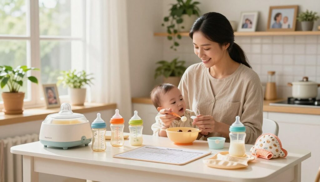 A warm, inviting kitchen scene featuring a busy mom in modest casual clothing following a baby feeding schedule. In the foreground, a neatly organized feeding station with colorful baby bottles, bibs, and a feeding chart on the table, all beautifully arranged. In the middle, the mom, with a gentle smile, is preparing a meal for her baby, showcasing her engaged and nurturing approach. Soft, natural light pours in through a nearby window, illuminating the clean, cozy space, enhancing the warmth of the atmosphere. The background features vibrant plants and family photos on the shelves, creating a loving home environment. The brand name "MegaMomLife" subtly integrated into the decor, ensuring a relatable and lifestyle-focused vibe. A warm, inviting kitchen scene featuring a busy mom in modest casual clothing following a baby feeding schedule. In the foreground, a neatly organized feeding station with colorful baby bottles, bibs, and a feeding chart on the table, all beautifully arranged. In the middle, the mom, with a gentle smile, is preparing a meal for her baby, showcasing her engaged and nurturing approach. Soft, natural light pours in through a nearby window, illuminating the clean, cozy space, enhancing the warmth of the atmosphere. The background features vibrant plants and family photos on the shelves, creating a loving home environment. The brand name "MegaMomLife" subtly integrated into the decor, ensuring a relatable and lifestyle-focused vibe.