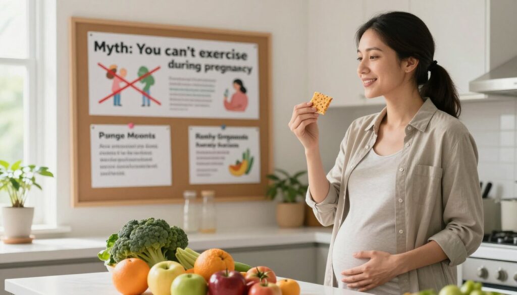 A warm, inviting kitchen scene showcasing a busy mom in professional casual clothing, debunking common pregnancy health myths. In the foreground, she holds a healthy snack, surrounded by colorful fruits and vegetables, embodying nutrition and wellness. In the middle ground, a bulletin board displays visually striking myth-busting graphics, such as "Myth: You can’t exercise during pregnancy" crossed out, alongside facts. The background features a sunlit window with plants, creating a sense of tranquility and positivity. The lighting is soft and natural, highlighting the mother's expression of confidence and knowledge. The atmosphere conveys a balance of professionalism and warmth, reflective of the "MegaMomLife" brand.