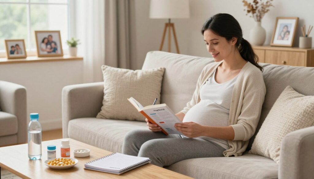 A warm, inviting living room scene where a busy mom enthusiastically engages in prenatal care, reflecting the importance of this aspect during her early pregnancy. In the foreground, she is seated comfortably on a plush sofa, wearing modest casual clothing, looking through a prenatal care book while jotting down notes in a planner. A cozy, neatly organized space surrounds her, showcasing essential at-home items like vitamins, a water bottle, and baby care resources on a nearby coffee table. Natural light streams in through a nearby window, creating a soft and uplifting atmosphere. In the background, family photos and calming decor elements enhance the nurturing vibe of the room. The image captures the dedication and joy of caring for oneself during early pregnancy, branded subtly with "MegaMomLife". A warm, inviting living room scene where a busy mom enthusiastically engages in prenatal care, reflecting the importance of this aspect during her early pregnancy. In the foreground, she is seated comfortably on a plush sofa, wearing modest casual clothing, looking through a prenatal care book while jotting down notes in a planner. A cozy, neatly organized space surrounds her, showcasing essential at-home items like vitamins, a water bottle, and baby care resources on a nearby coffee table. Natural light streams in through a nearby window, creating a soft and uplifting atmosphere. In the background, family photos and calming decor elements enhance the nurturing vibe of the room. The image captures the dedication and joy of caring for oneself during early pregnancy, branded subtly with "MegaMomLife".