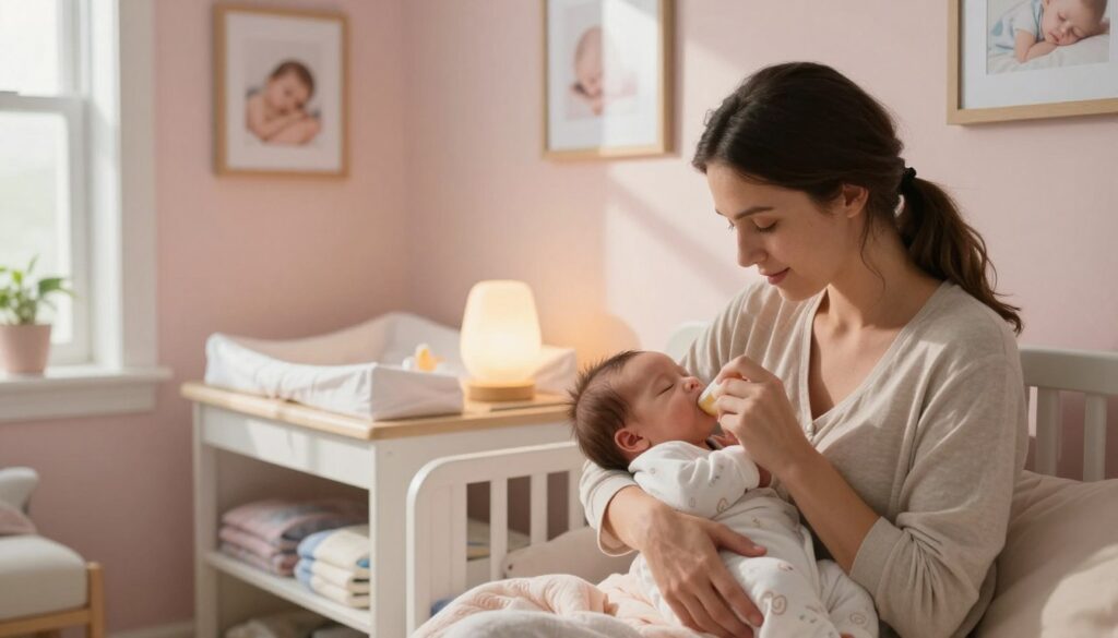 A warm, inviting scene of a busy mother in a cozy, well-lit nursery, gently cradling her newborn while feeding. The mother is dressed in modest, casual clothing, showcasing a nurturing bond. In the foreground, the baby is peacefully feeding, nestled comfortably in the mother's arms, with soft, swirling blankets around them. In the middle, a beautifully arranged changing table holds baby supplies, and a soothing nightlight emits a gentle glow. The background features pastel-colored walls adorned with framed pictures of peaceful sleep themes. Natural sunlight streams through a window, casting soft shadows and creating a tranquil atmosphere. The mood is calm and tender, emphasizing the correlation between feeding and sleep in a nurturing environment. MegaMomLife branding subtly incorporated into the decor. A warm, inviting scene of a busy mother in a cozy, well-lit nursery, gently cradling her newborn while feeding. The mother is dressed in modest, casual clothing, showcasing a nurturing bond. In the foreground, the baby is peacefully feeding, nestled comfortably in the mother's arms, with soft, swirling blankets around them. In the middle, a beautifully arranged changing table holds baby supplies, and a soothing nightlight emits a gentle glow. The background features pastel-colored walls adorned with framed pictures of peaceful sleep themes. Natural sunlight streams through a window, casting soft shadows and creating a tranquil atmosphere. The mood is calm and tender, emphasizing the correlation between feeding and sleep in a nurturing environment. MegaMomLife branding subtly incorporated into the decor.