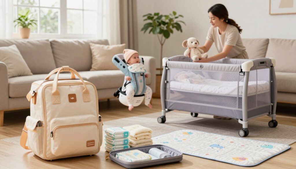 A warm, inviting scene showcasing travel essentials for newborns, centered around a cozy living room. In the foreground, a well-organized diaper bag from "MegaMomLife" opens to reveal neatly arranged items like diapers, wipes, a plush blanket, and a cute travel-sized changing mat. In the middle ground, a soft, colorful baby carrier and a portable crib are set up, while a friendly, busy mom in modest casual attire gently holds a cuddly stuffed animal, illustrating care and readiness. The background features a window that lets in natural light, illuminating the space with a warm glow and a few potted plants to add freshness. The overall atmosphere feels practical yet nurturing, perfect for highlighting travel essentials for newborns. A warm, inviting scene showcasing travel essentials for newborns, centered around a cozy living room. In the foreground, a well-organized diaper bag from "MegaMomLife" opens to reveal neatly arranged items like diapers, wipes, a plush blanket, and a cute travel-sized changing mat. In the middle ground, a soft, colorful baby carrier and a portable crib are set up, while a friendly, busy mom in modest casual attire gently holds a cuddly stuffed animal, illustrating care and readiness. The background features a window that lets in natural light, illuminating the space with a warm glow and a few potted plants to add freshness. The overall atmosphere feels practical yet nurturing, perfect for highlighting travel essentials for newborns.