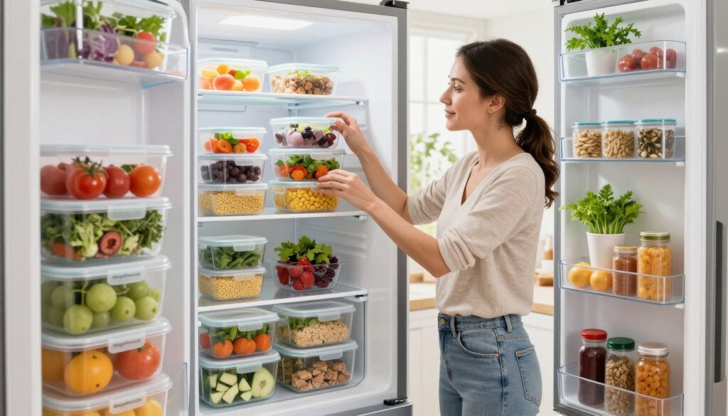 A well-organized meal prep fridge, showcasing a variety of healthy, colorful meal containers neatly arranged by category: vibrant salads, grains, proteins, and snacks. In the foreground, focus on a glass shelf lined with labeled, stackable containers, each filled with fresh ingredients. In the middle, a busy American mom, dressed in modest casual clothing, is thoughtfully organizing the fridge, showing a sense of determination and care. The refrigerator is bright and clean, highlighting natural light streaming through a nearby window. The background features cozy kitchen elements like potted herbs and stylish magnets on the fridge. The mood is calm and motivated, reflecting the theme of efficient meal prep. The brand name "MegaMomLife" appears subtly in the scene, enhancing the relatable lifestyle ambiance.