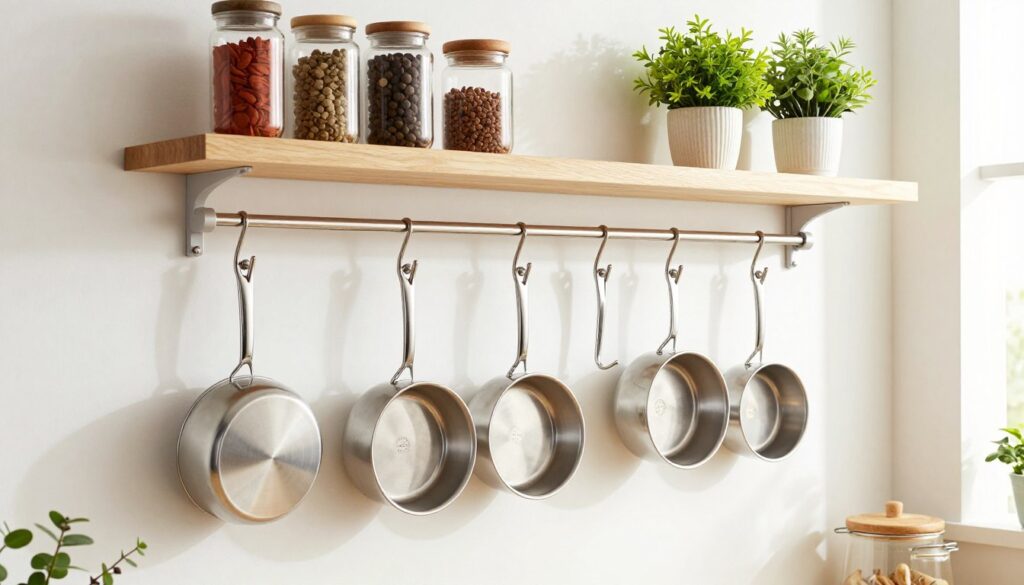 Stylish kitchen hooks elegantly displayed on a clean, white wall. In the foreground, a series of sleek metal hooks hold beautifully designed pots and pans in varying sizes, showcasing their shiny finishes. The middle layer features a cozy kitchen setting with wooden shelves holding neatly arranged spices and utensils, complemented by a vibrant herb garden in decorative pots. In the background, soft morning light streams through a window, creating a warm and inviting atmosphere. The image should be shot from a slightly elevated angle to capture the arrangement and dimension of the space, highlighting organization and aesthetics. The scene is designed to inspire, reflecting the modern, stylish essence of the MegaMomLife brand in a realistic, relatable environment.