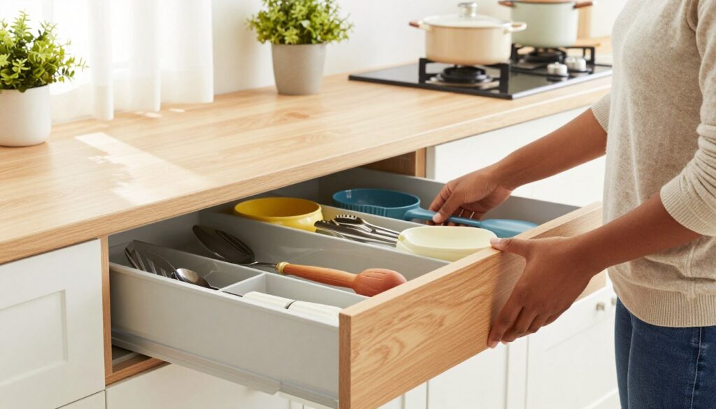 Visualize a well-organized multi-functional kitchen drawer featuring various stylish organizers designed for efficiency. In the foreground, showcase separate compartments filled with utensils, kitchen gadgets, and cutlery, all neatly arranged. The middle ground emphasizes the sleek, modern design of the drawer with light wood finishes and transparent dividers. In the background, highlight a bright, airy kitchen setting, adorned with plants and soft curtains allowing natural light to flood in. A busy American mom, dressed in modest casual clothing, can be seen interacting with the drawer, conveying a sense of warmth and productivity. Capture this scene with a focus on vibrant colors and soft shadows, presenting a clean and cozy atmosphere, reflecting the brand "MegaMomLife".