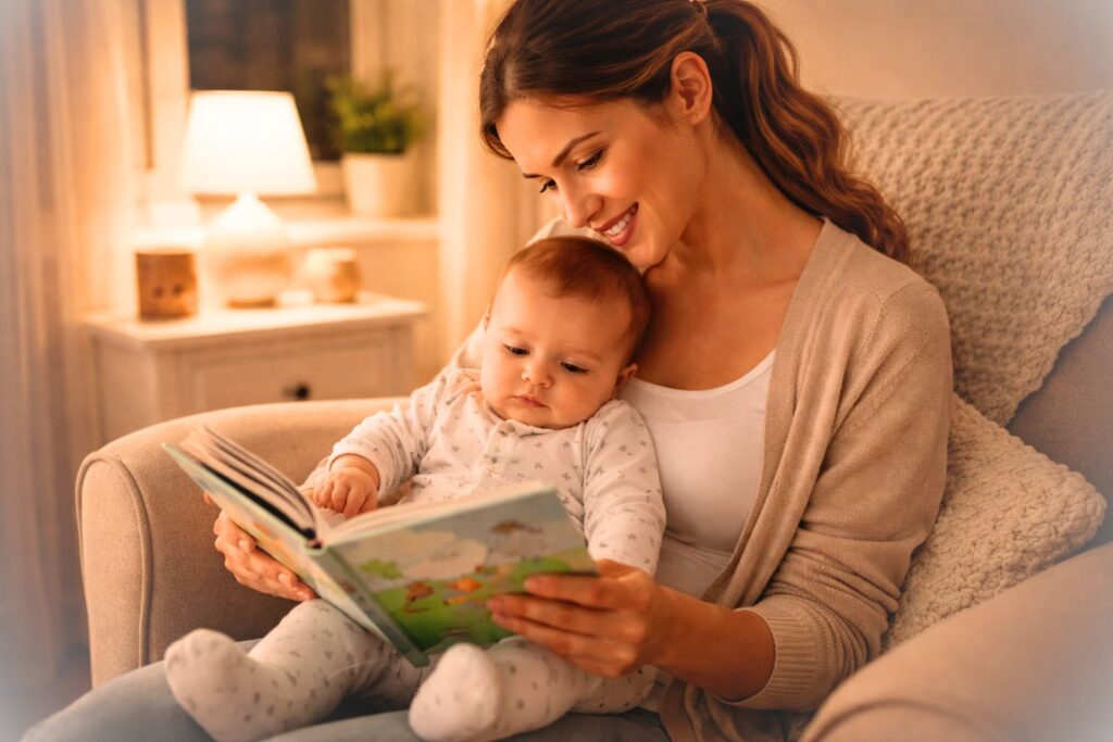baby-bedtime-routine-tips Baby bedtime routine mom reading bedtime story to baby before sleep in calm nursery