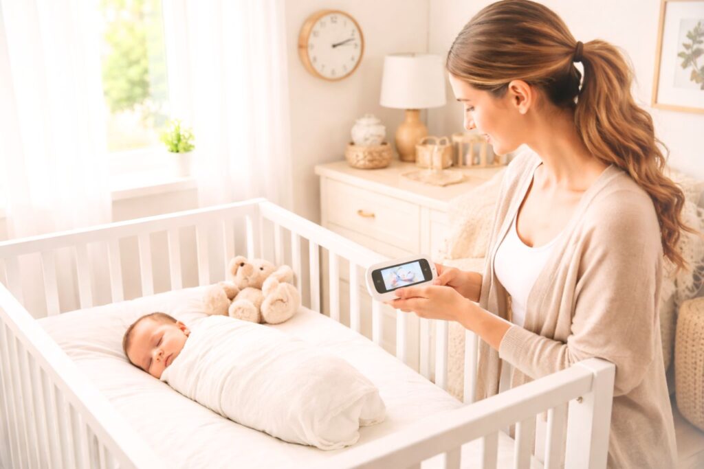 baby-sleep-schedule-by-age-chart Baby sleep schedule by age chart with infant sleep routine and nap schedule in a bright nursery