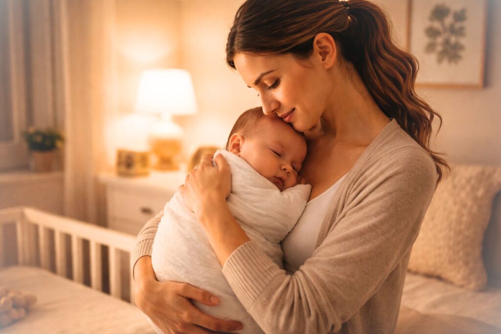 baby-waking-at-night-soothing Baby waking at night mother soothing infant in dim nursery during nighttime sleep routine