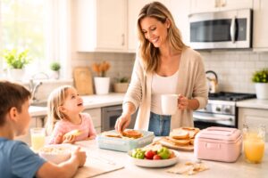 easy morning routine for busy moms preparing breakfast and lunches