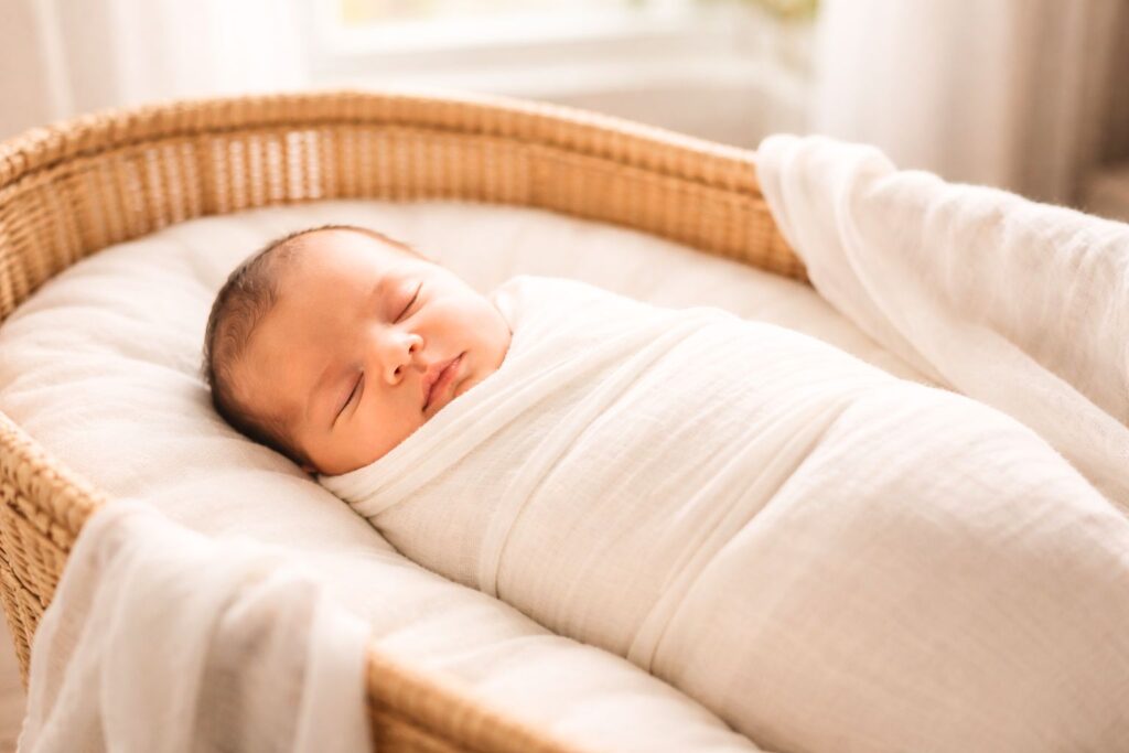 newborn-sleep-schedule-0-2-months Newborn sleep schedule 0-2 months baby swaddled and sleeping peacefully in bassinet
